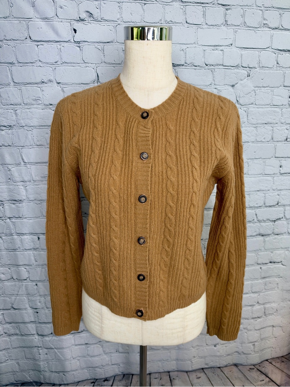 Vintage Limited America Lambswool Cardigan M Camel Cable Knit Wool Sweater